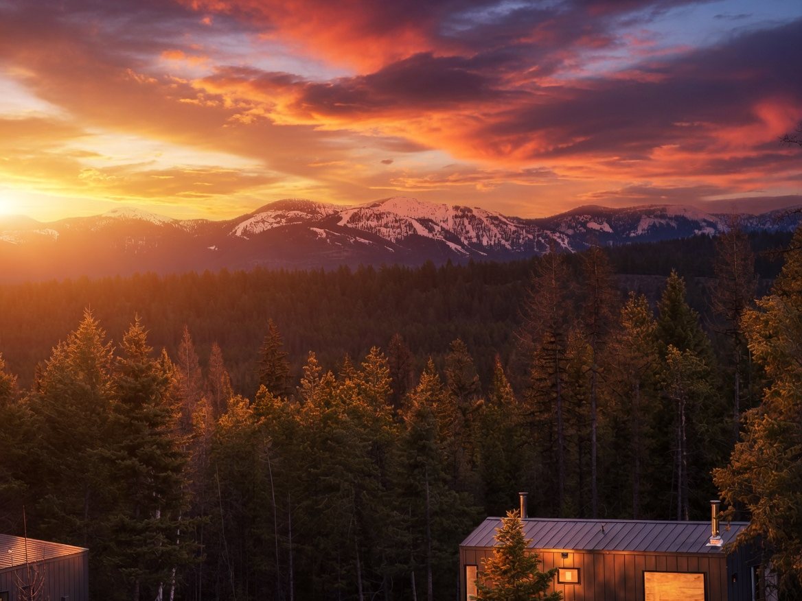 Sunset over mountain forest and a single cabin