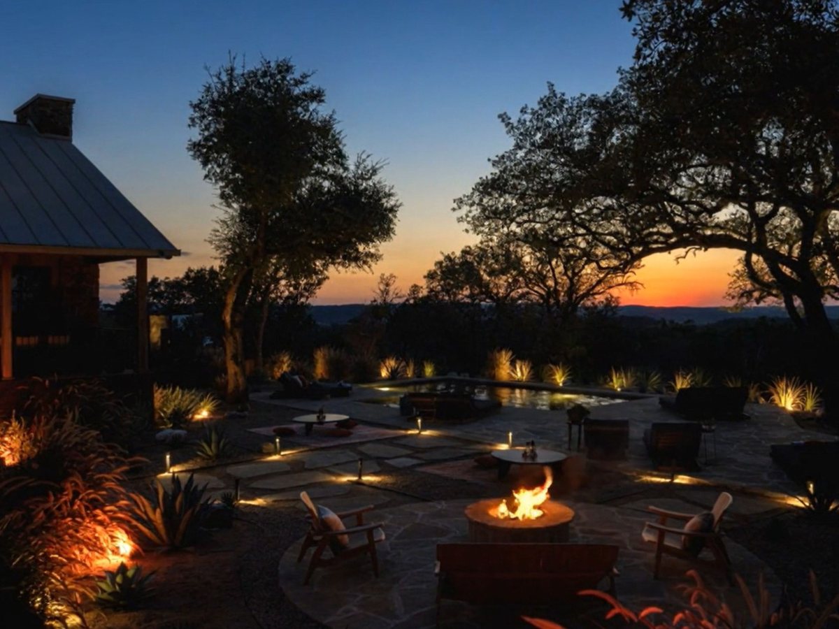 Fire pits on a stone terrace at dusk